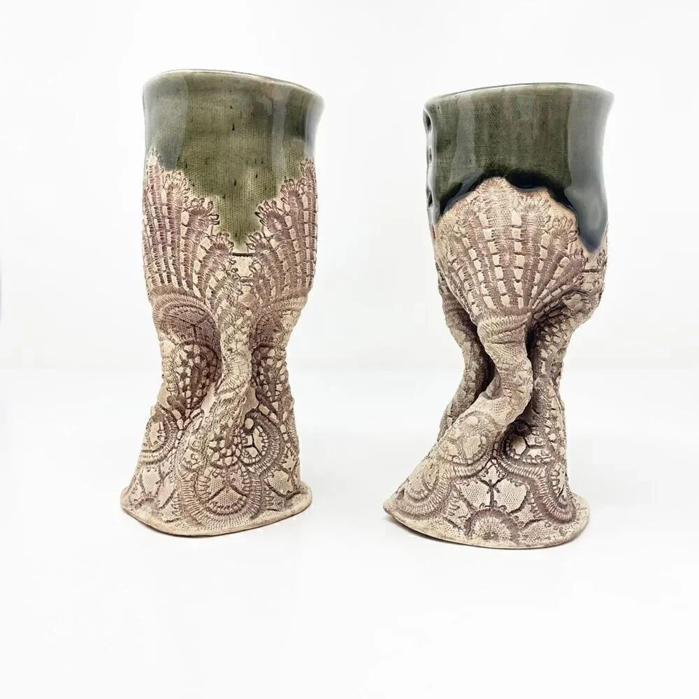 Hand Thrown Art Studio Pottery Decorative Goblet Mug Glaze Abstract Set of 2